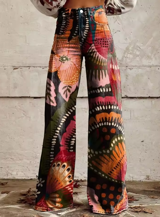 Vanessa Vibrant Psychedelic High-Waisted Flared Jeans for Autumn and Summer