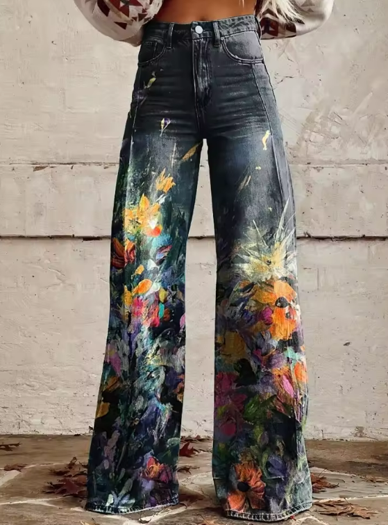 Tiffany Floral Art High-Waisted Flared Jeans Stylish Design for Autumn