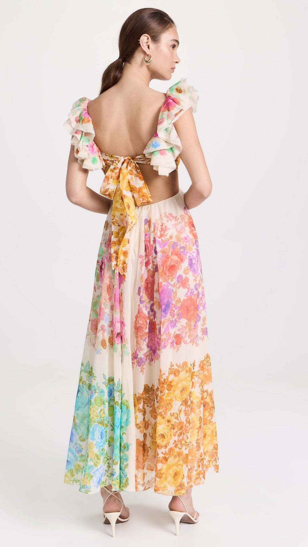 Raie Frill Shoulder Midi Dress Lightweight Chiffon Floral Print Summer