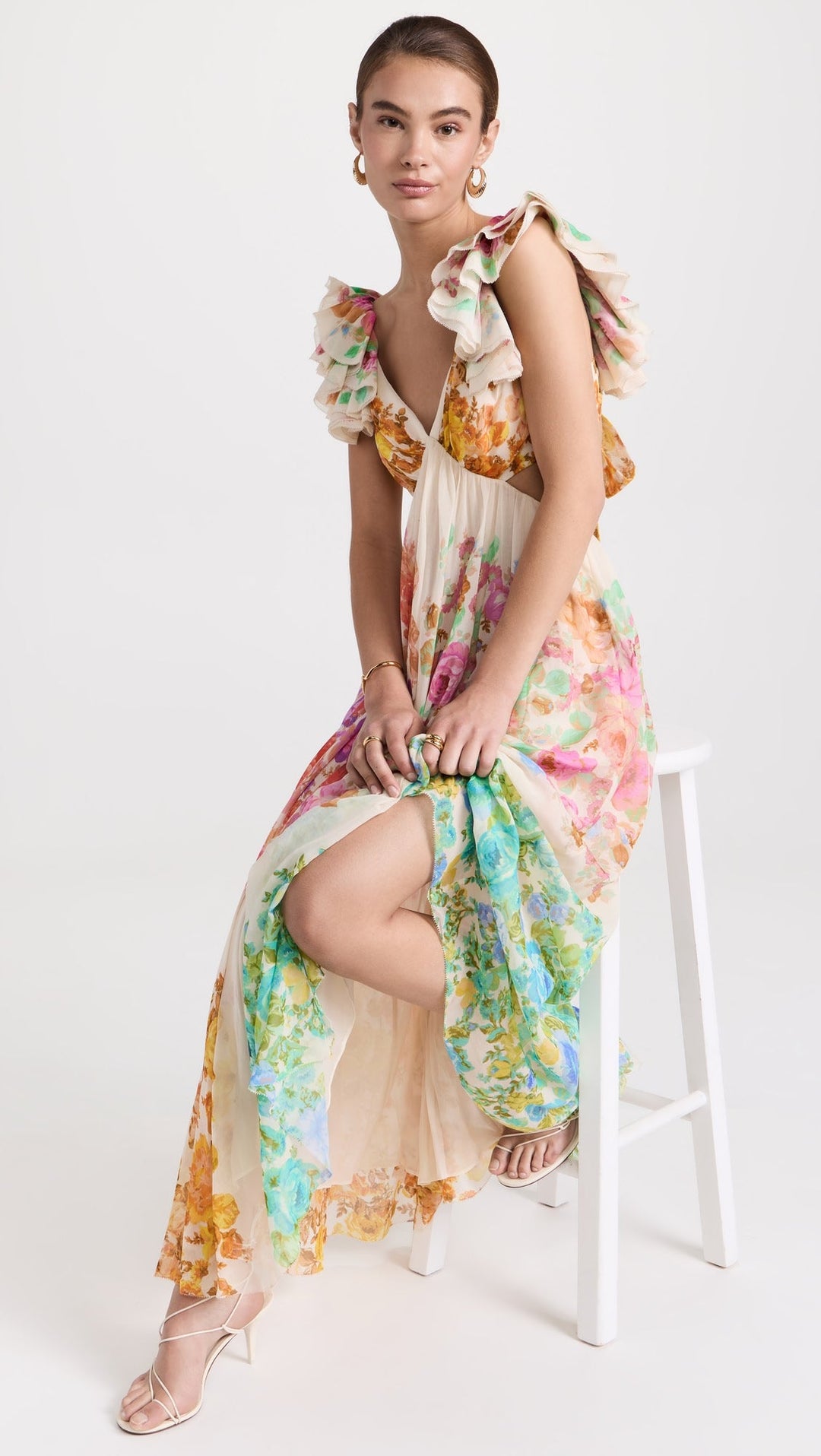 Raie Frill Shoulder Midi Dress Lightweight Chiffon Floral Print Summer