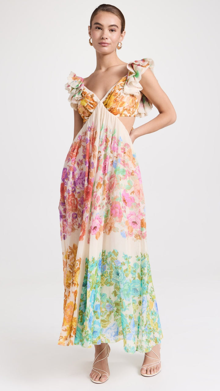 Raie Frill Shoulder Midi Dress Lightweight Chiffon Floral Print Summer