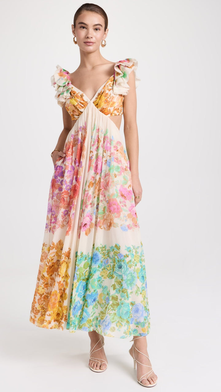 Raie Frill Shoulder Midi Dress Lightweight Chiffon Floral Print Summer