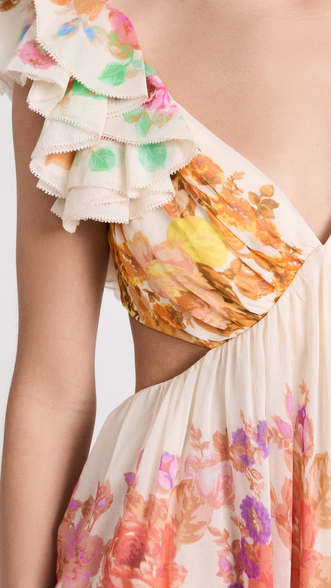 Raie Frill Shoulder Midi Dress Lightweight Chiffon Floral Print Summer